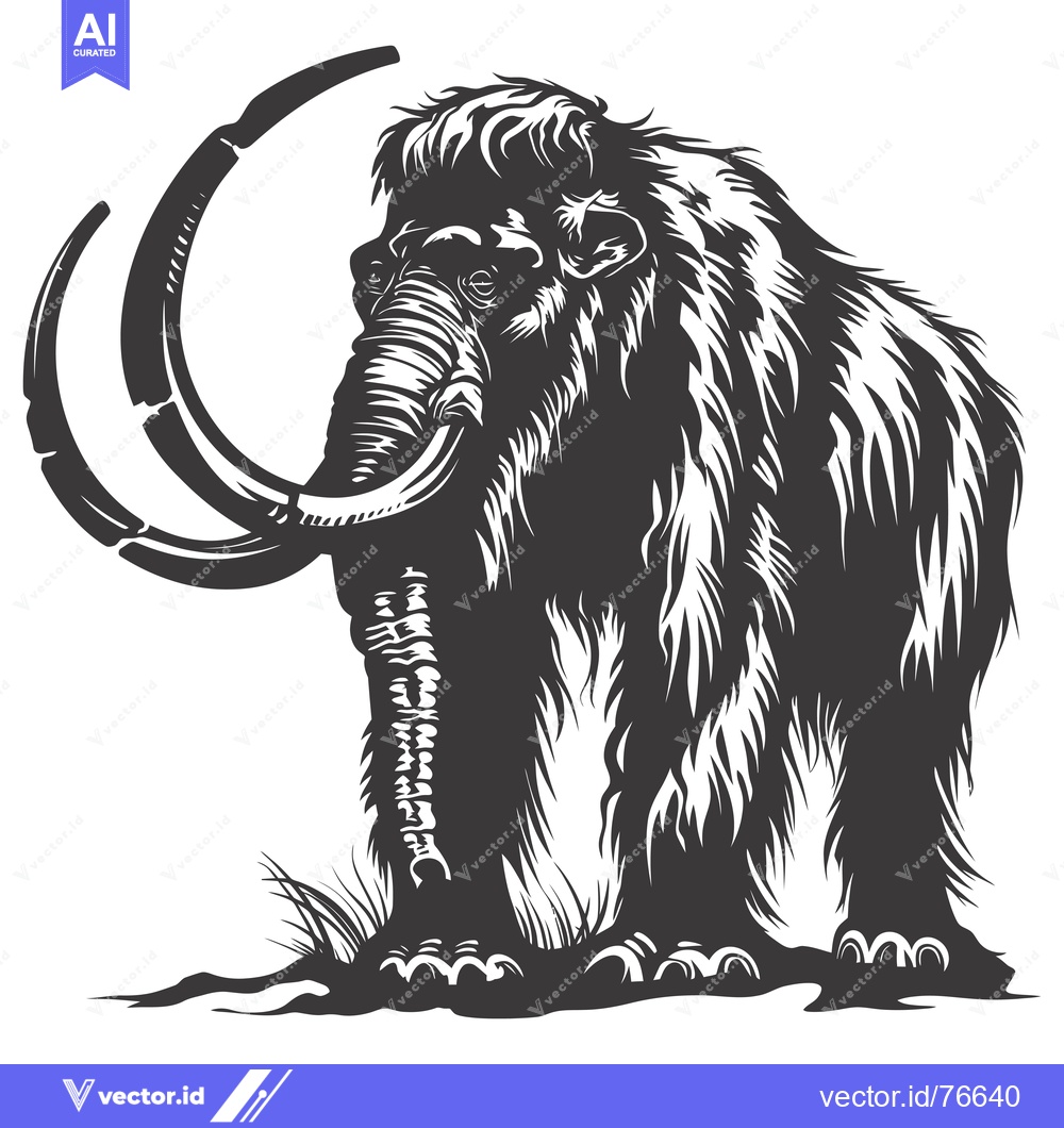 Premium Vector dari A Black and White Illustration of a Woolly Mammoth with Curved Tusks