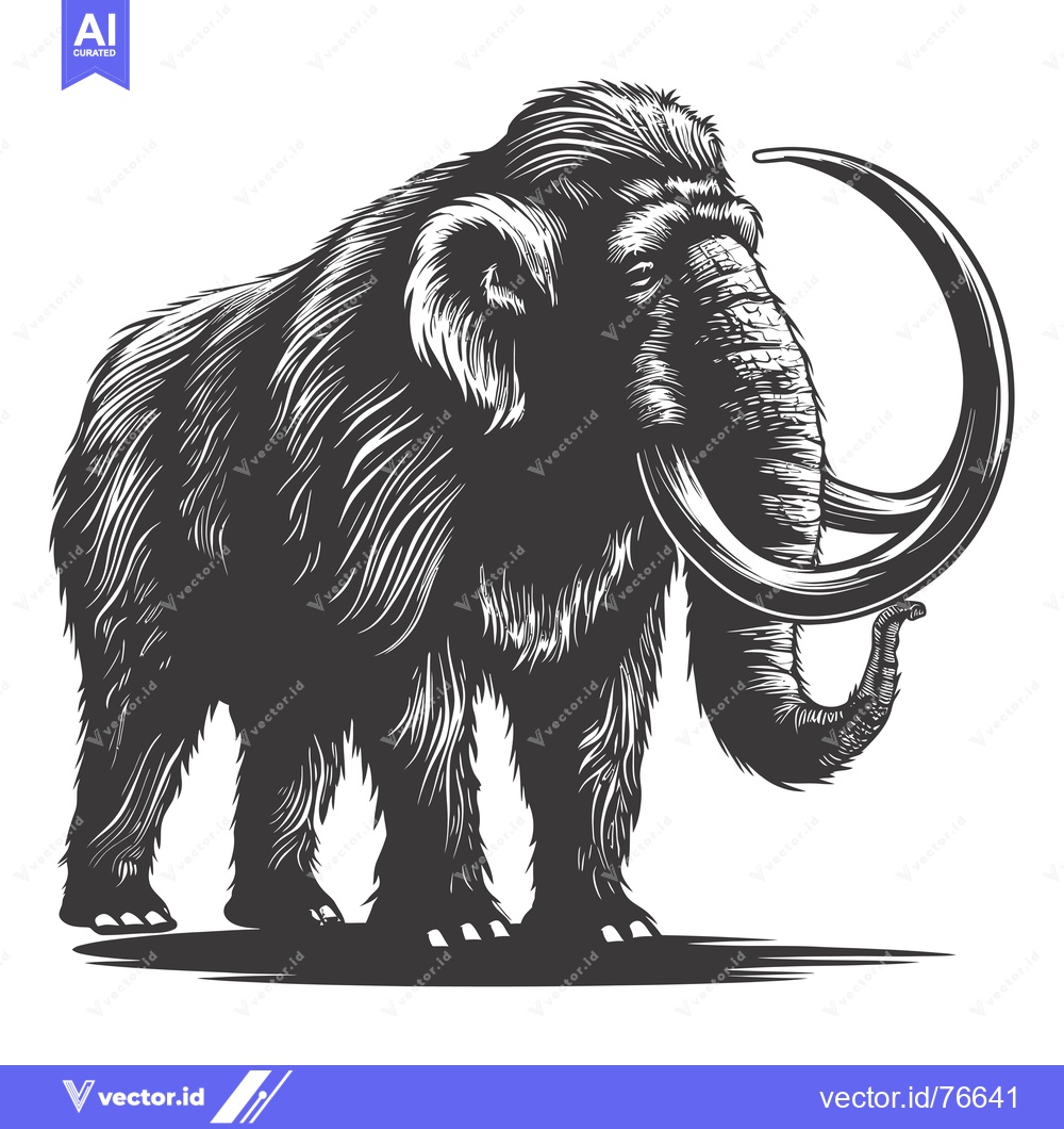 Premium Vector of Black and White Illustration of a Woolly Mammoth with Large Tusks