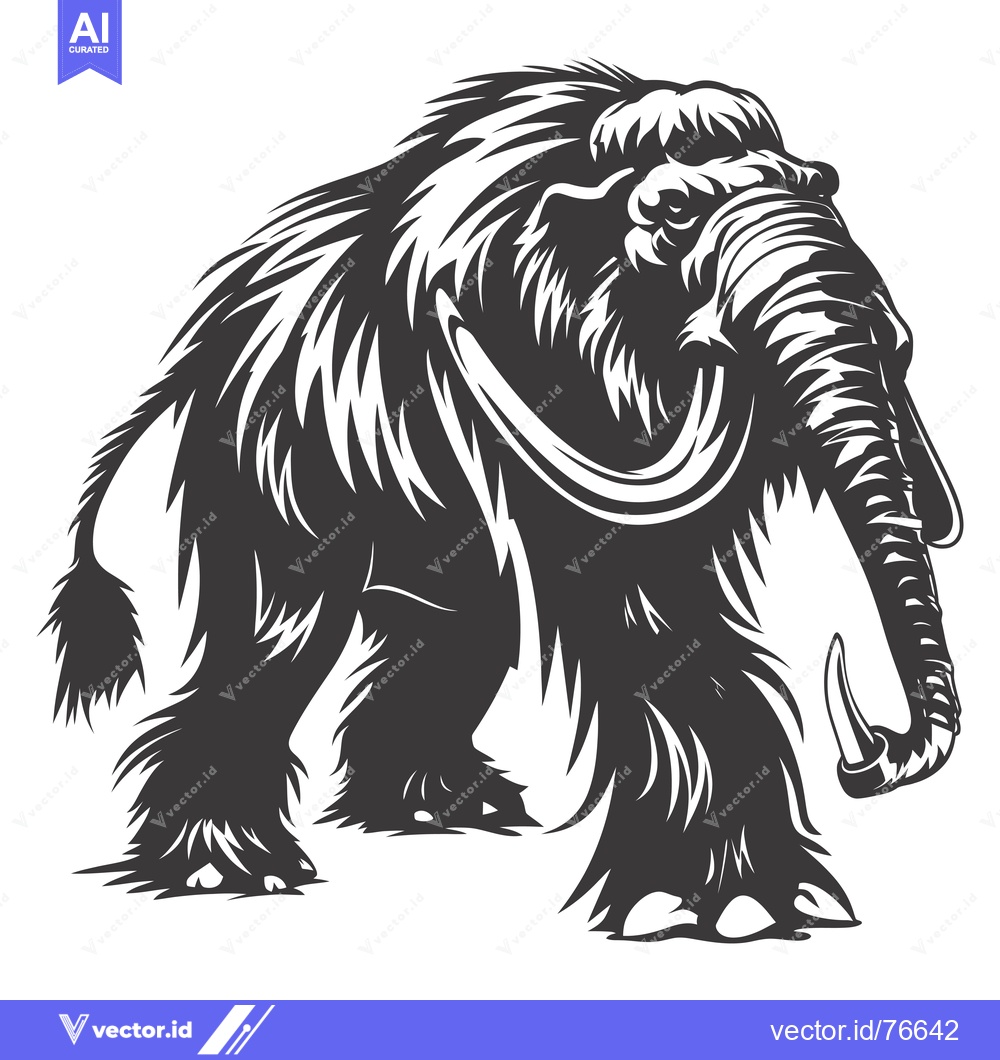 Premium Vector dari A Woolly Mammoth Standing on All Fours with Its Trunk Raised and Tusks