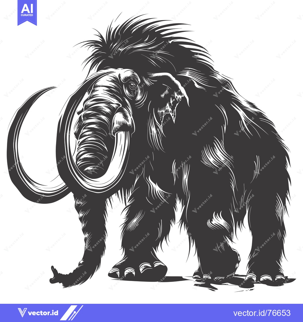 Premium Vector of Black and White Illustration of a Woolly Mammoth with Large Tusks