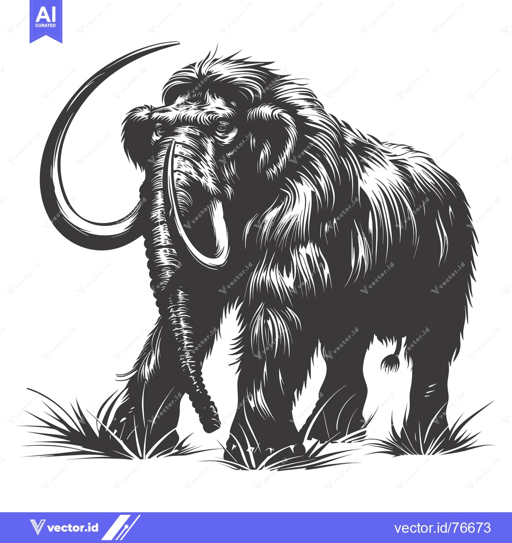 Premium Vector dari A Woolly Mammoth with Large Tusks Standing in Grass