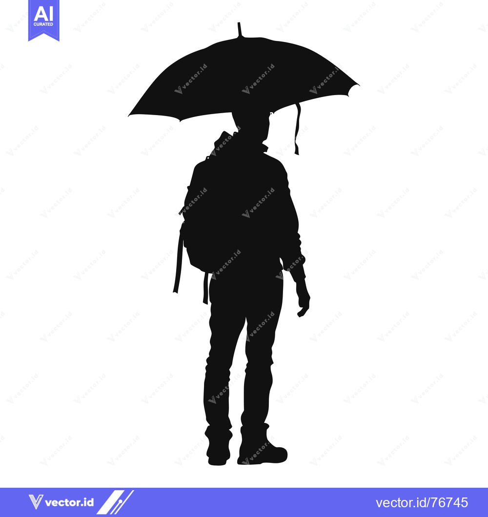 Premium Vector dari Silhouette of a Person with Backpack Holding an Umbrella