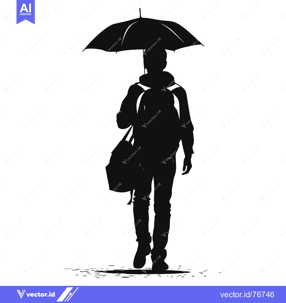 Premium Vector dari Silhouette of a Person Walking with an Umbrella and Backpack