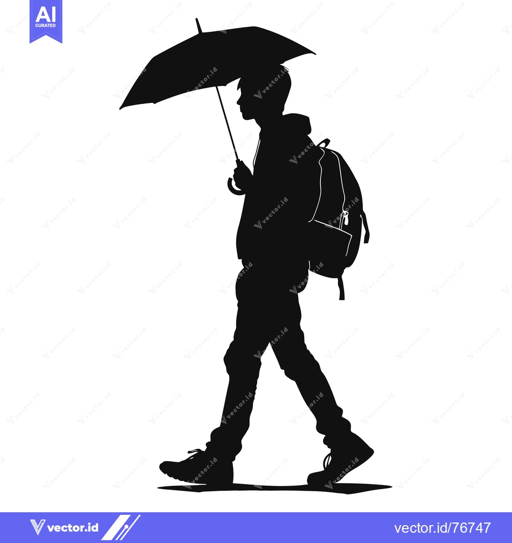 Premium Vector of Silhouette of a person walking with an umbrella and a backpack