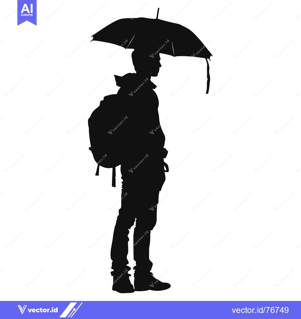 Premium Vector dari Silhouette of a Person with a Backpack and Umbrella