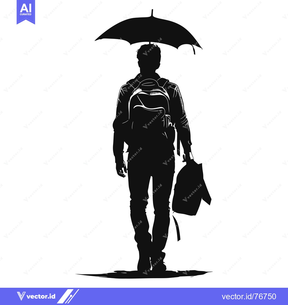 Premium Vector dari Silhouette of a Man Walking with an Umbrella and a Backpack