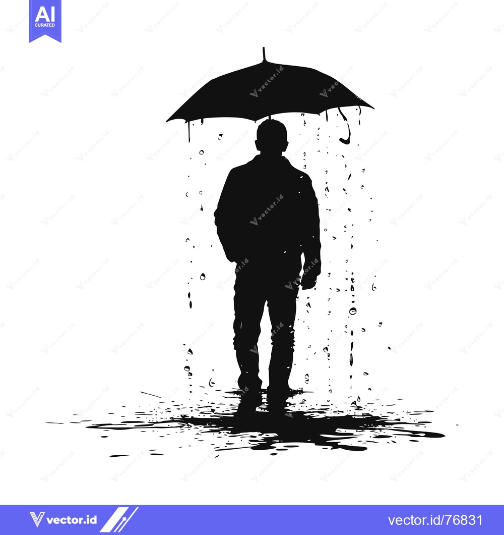 Premium Vector of Silhouette of a man walking in the rain, holding an umbrella