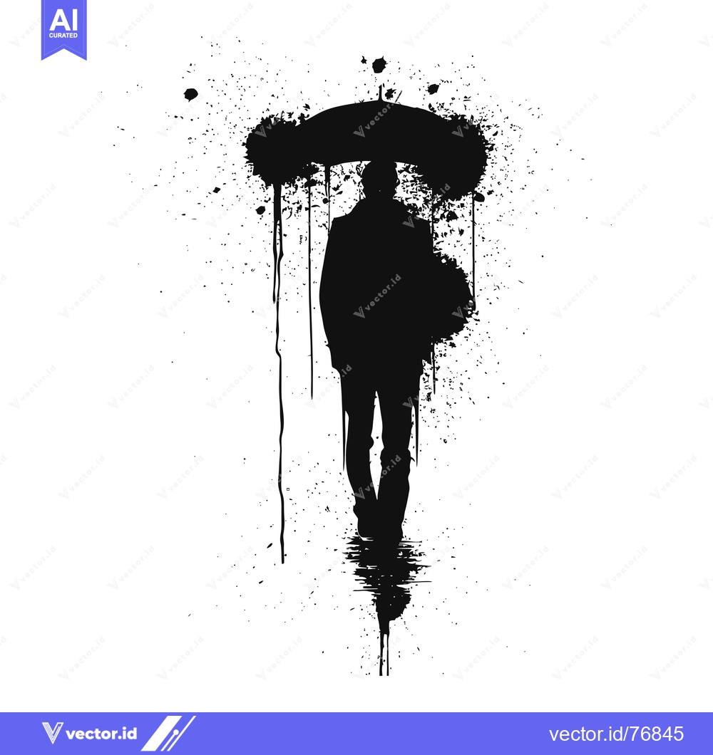 Premium Vector of Silhouette of a Man Walking Under an Umbrella with Splashes of Ink