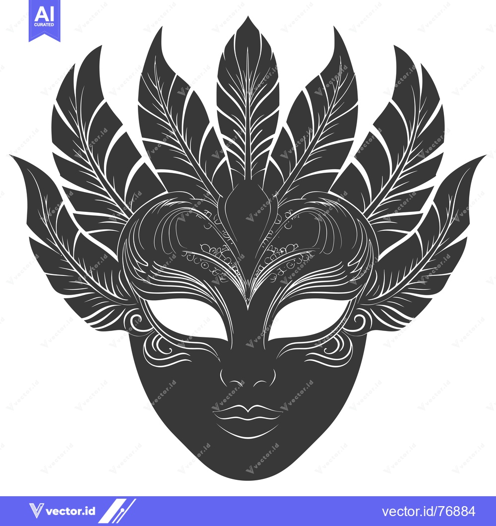 Premium Vector of Black and White Ornate Venetian Carnival Mask with Feathers