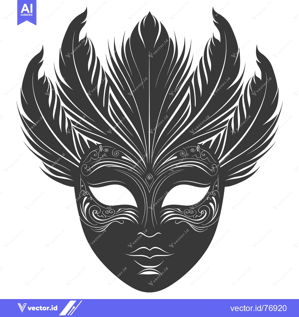 Premium Vector of Black and White Ornate Venetian Carnival Mask with Feathers