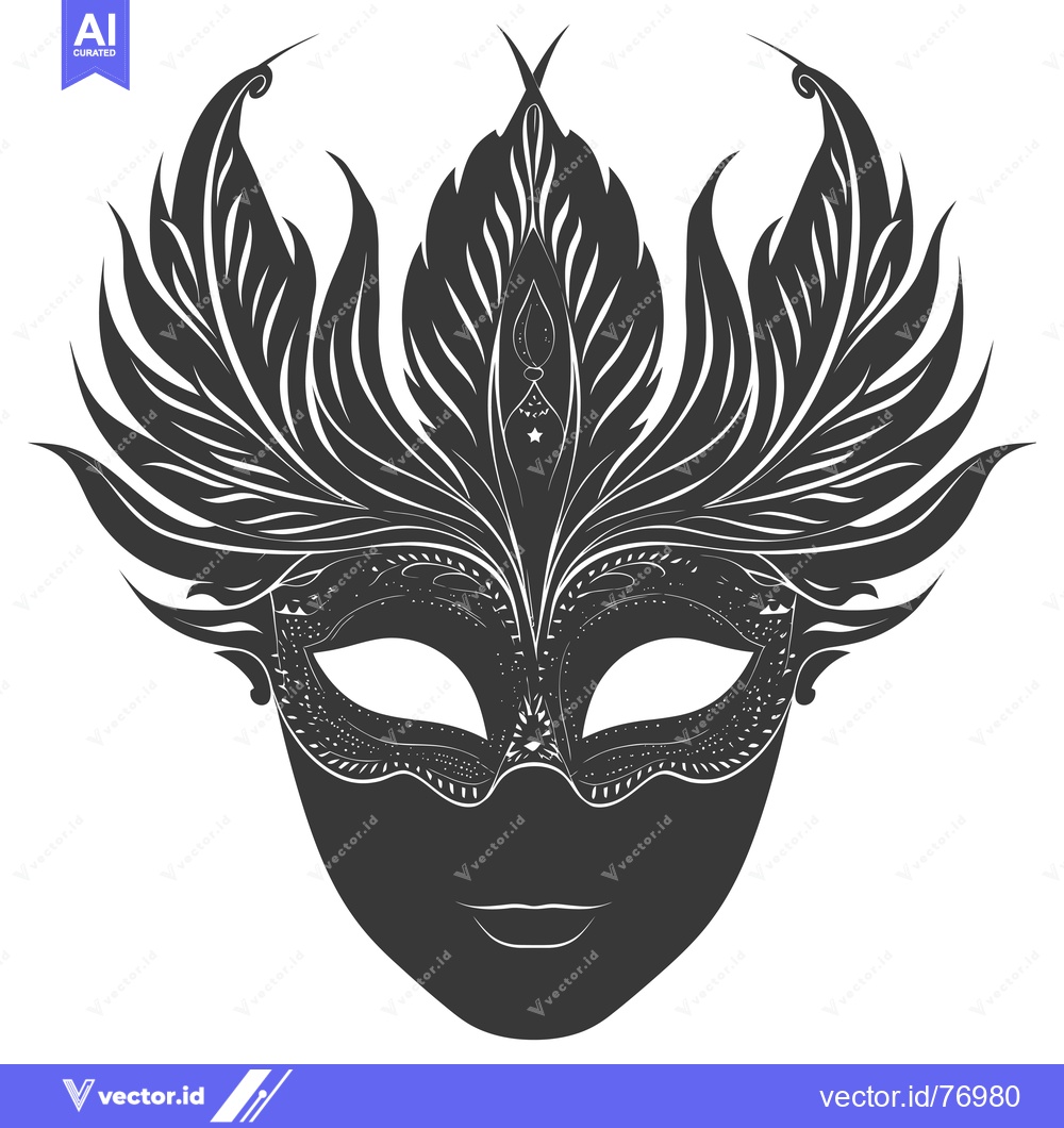 Premium Vector dari Intricately Designed Black and White Venetian Mask with Feather-Like A