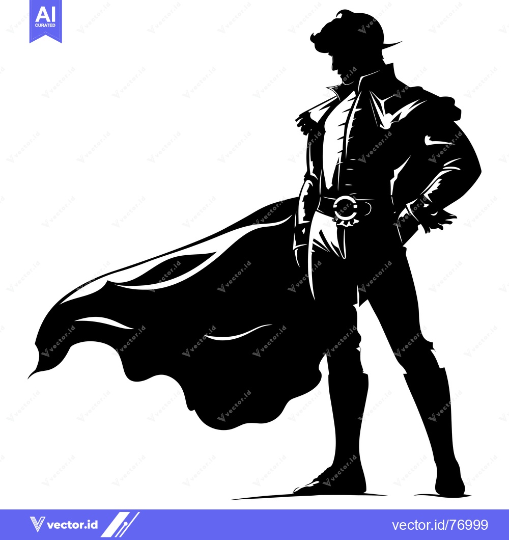 Premium Vector of Silhouette of a Man in a Cape and Hat, Standing with One Hand on His H