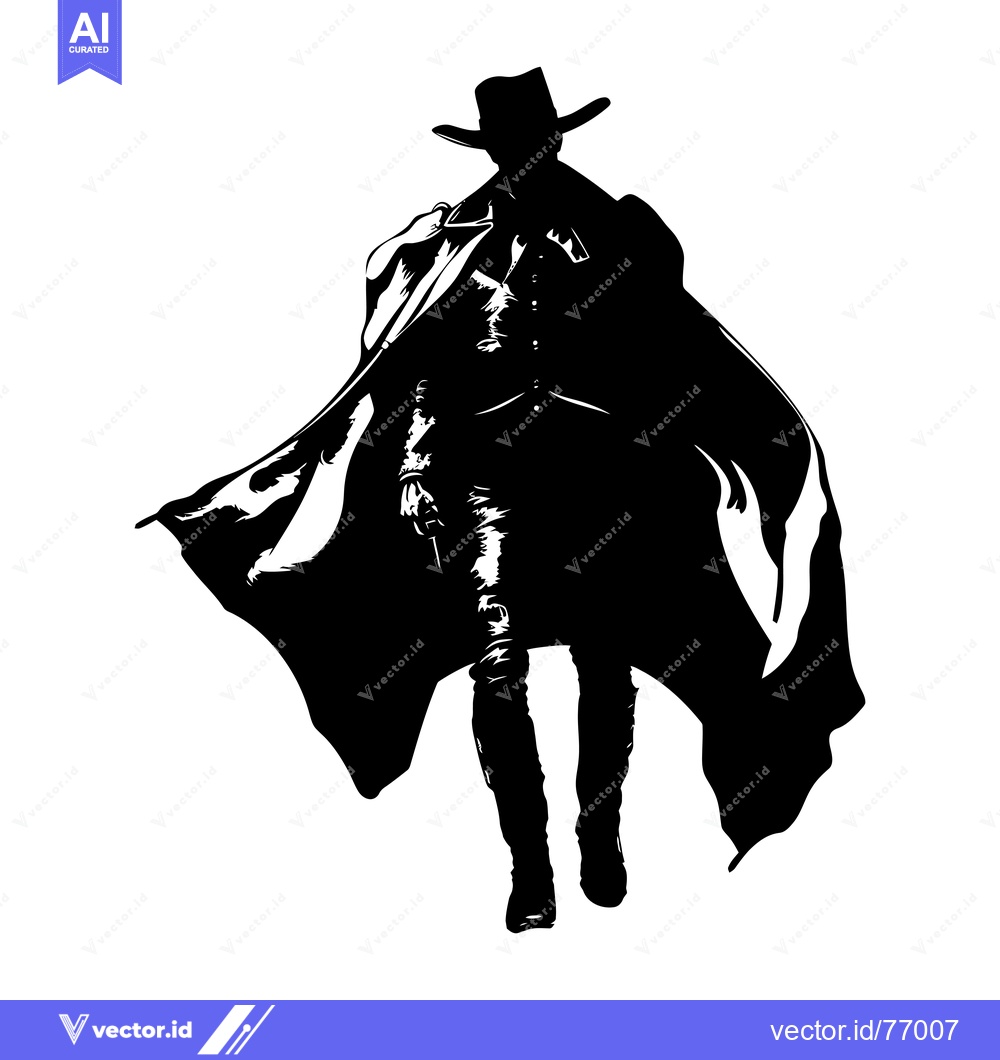 Premium Vector dari Silhouette of a Man in a Cowboy Hat and a Long Cloak