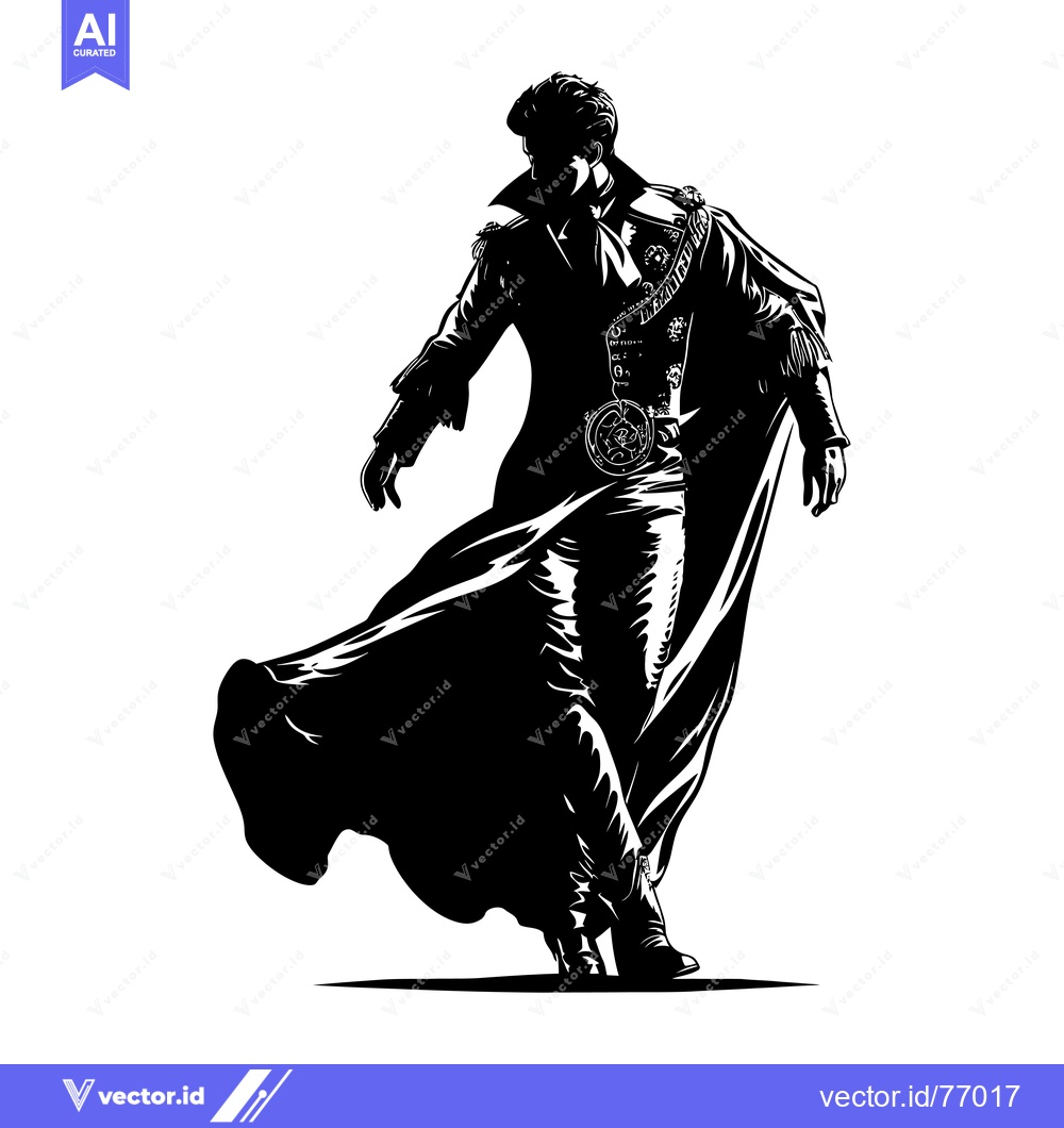 Premium Vector of Silhouette of a man in a long coat and hat, standing with one leg rais