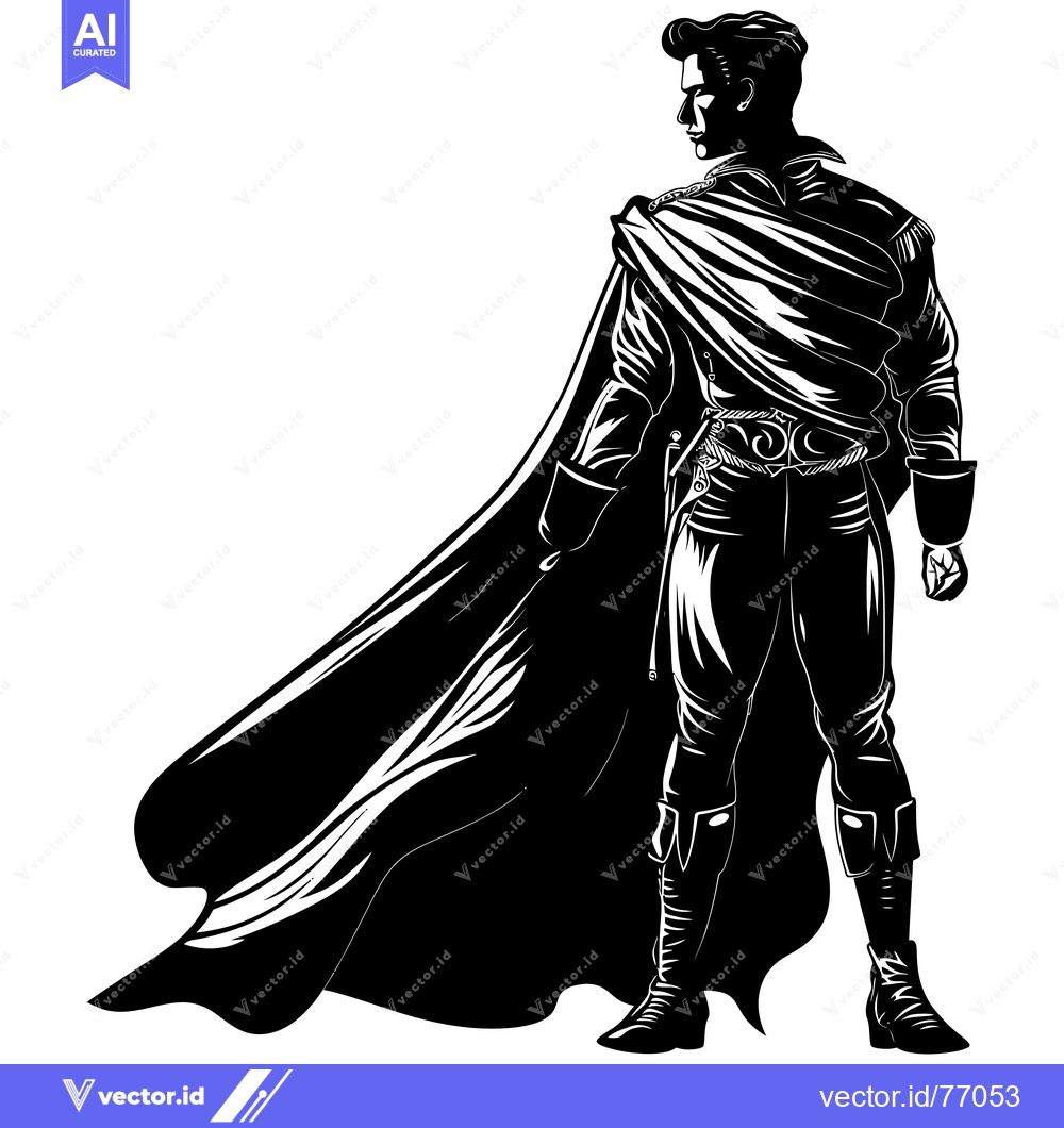 Premium Vector of A Black and White Illustration of a Man in a Cape
