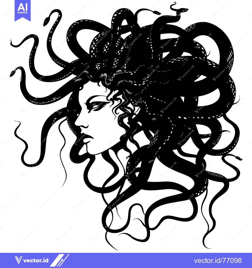 Premium Vector dari A black and white silhouette of Medusa with snakes for hair.