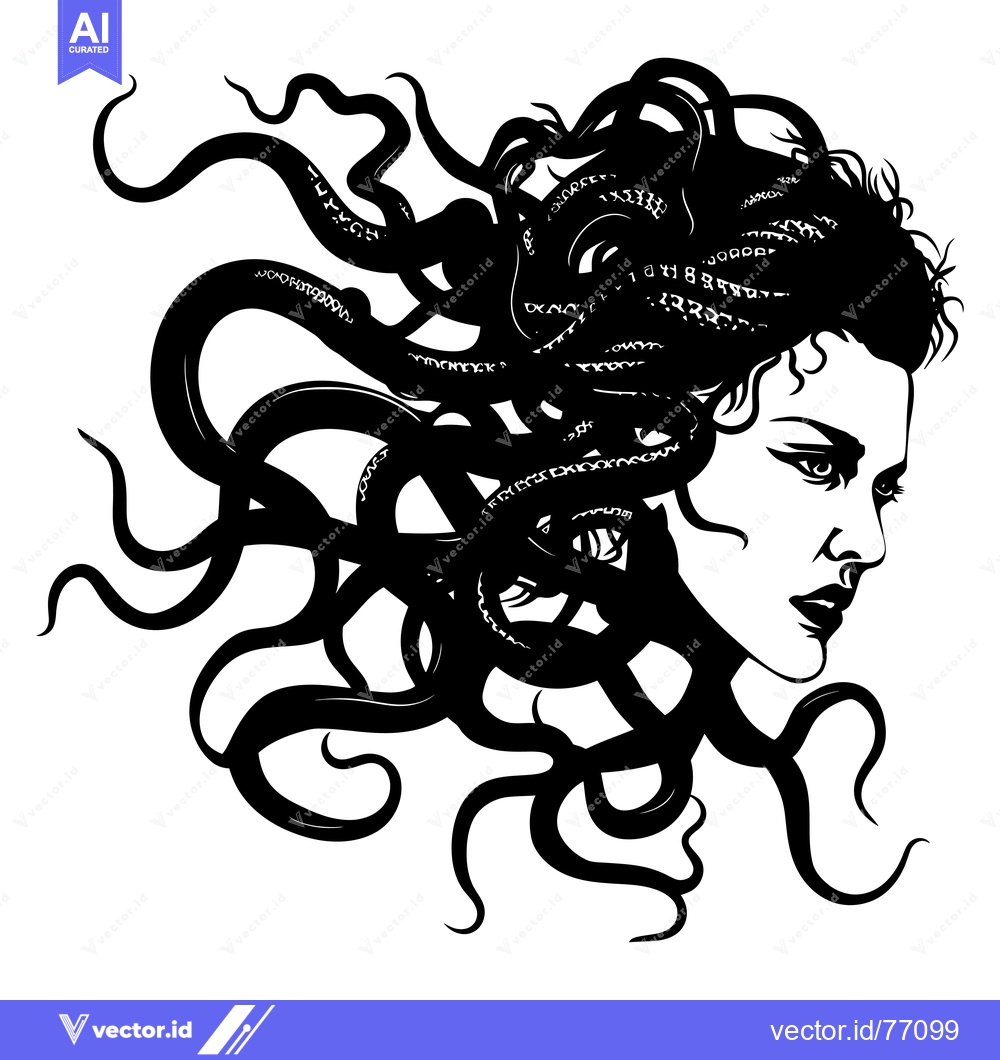 Premium Vector dari A black and white silhouette of Medusa, a mythical Greek Gorgon with s