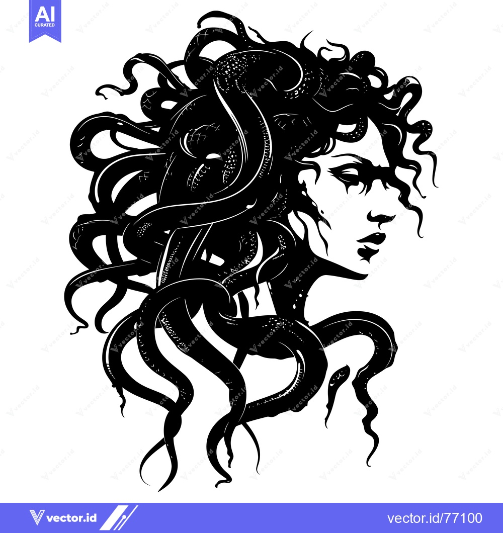 Premium Vector of A Woman with Snakes for Hair in a Black and White Illustration