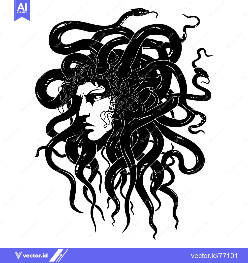Premium Vector dari Black and White Illustration of Medusa with Snakes for Hair