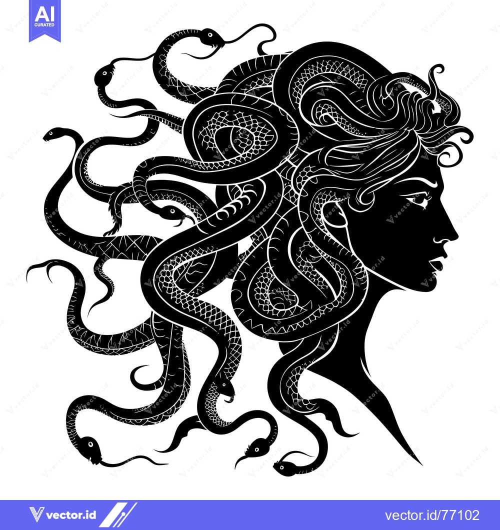 Premium Vector dari A Black and White Silhouette of Medusa, a Gorgon with Snakes for Hair