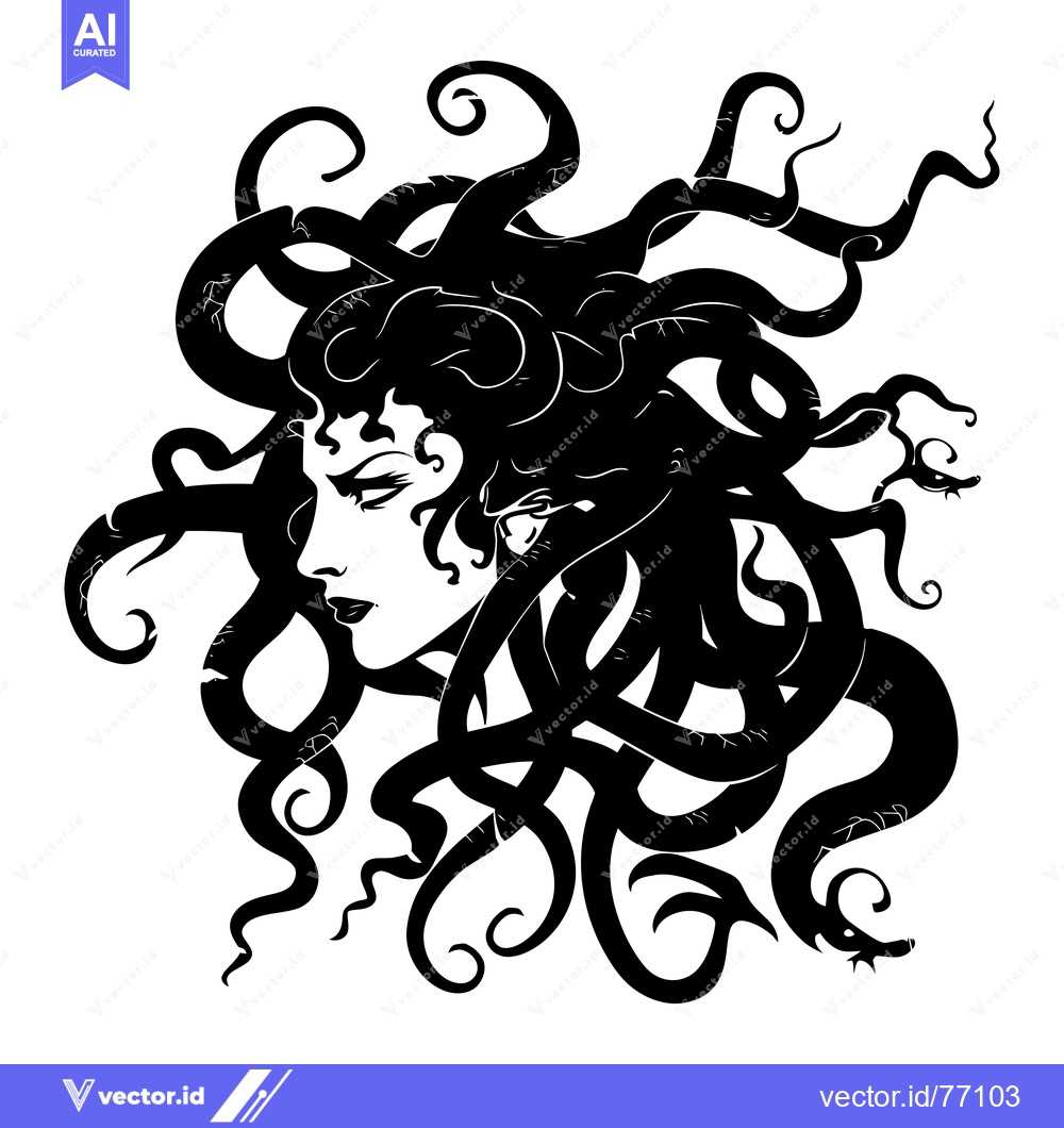 Premium Vector dari Black and white illustration of Medusa with snakes for hair