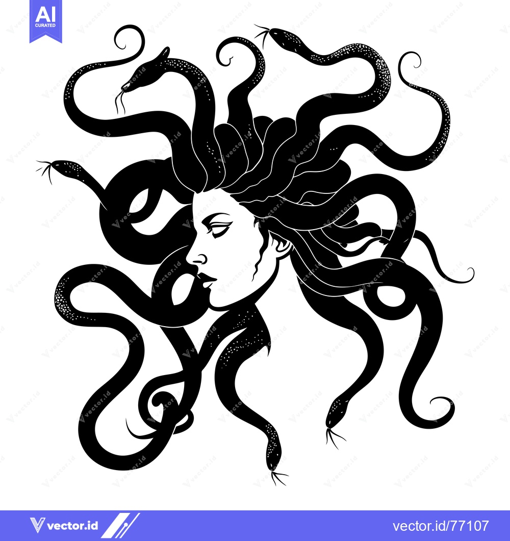 Premium Vector of A Black and White Illustration of Medusa with Snakes for Hair