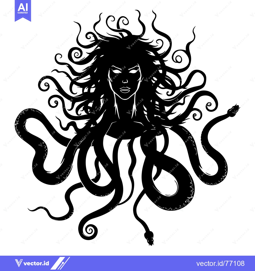 Premium Vector of Medusa, Gorgon with Snake Hair and Face in Silhouette