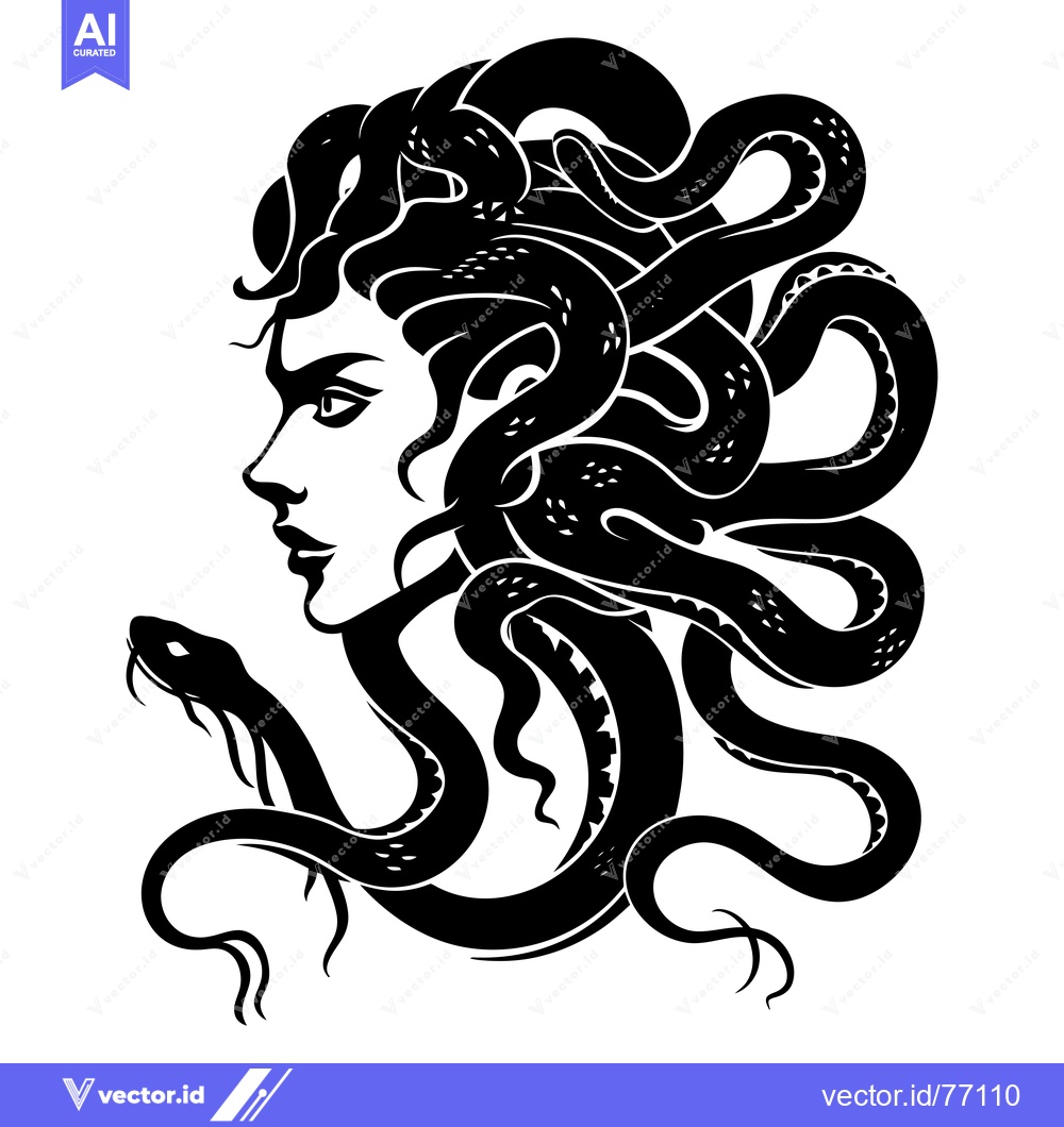 Premium Vector dari A black and white illustration of Medusa, the Gorgon with snakes for h