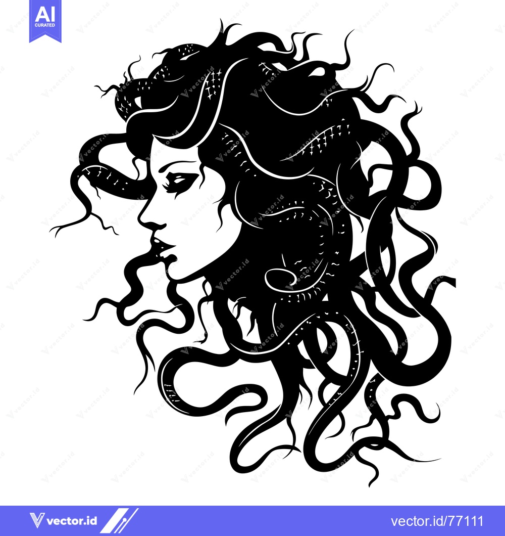 Premium Vector dari A Black and White Illustration of Medusa, a Gorgon with Snakes for Hai