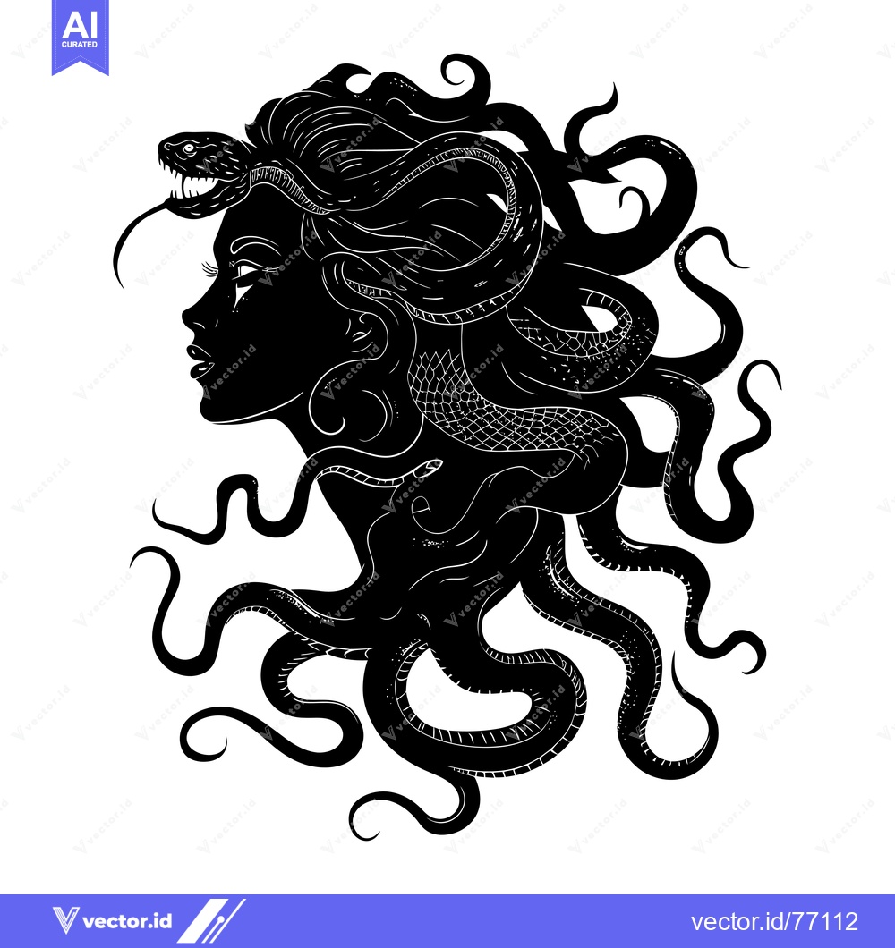 Premium Vector of Black and White Silhouette of Medusa with Snakes for Hair