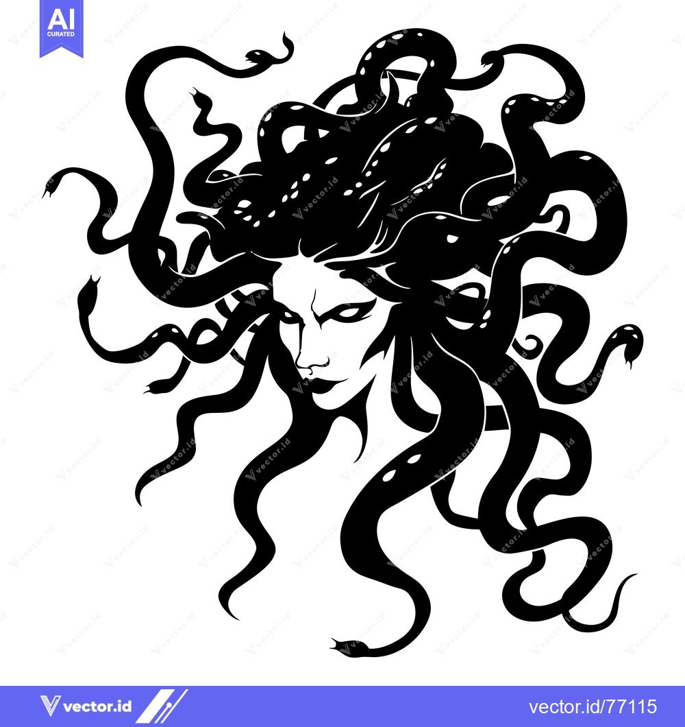 Premium Vector of Black and White Illustration of Medusa's Head with Snakes