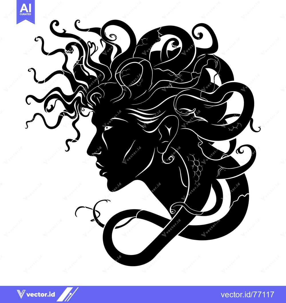 Premium Vector of A Black and White Silhouette of Medusa with Snakes for Hair