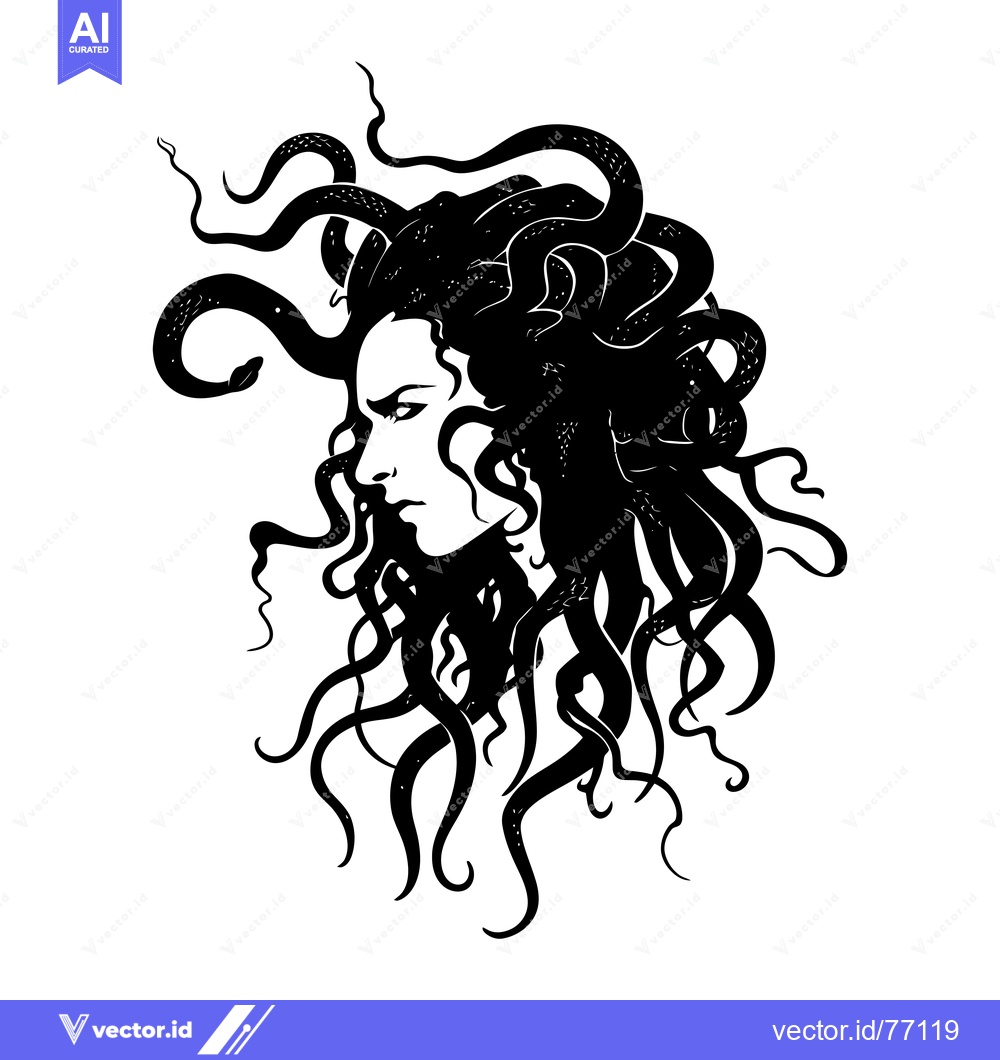 Premium Vector dari A Black and White Illustration of Medusa, a Gorgon with Snakes for Hai