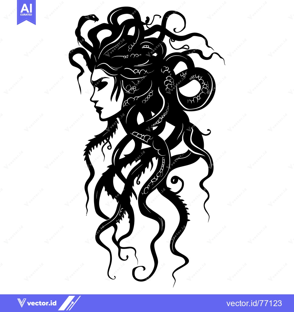 Premium Vector of Black and White Silhouette of Medusa with Snakes for Hair