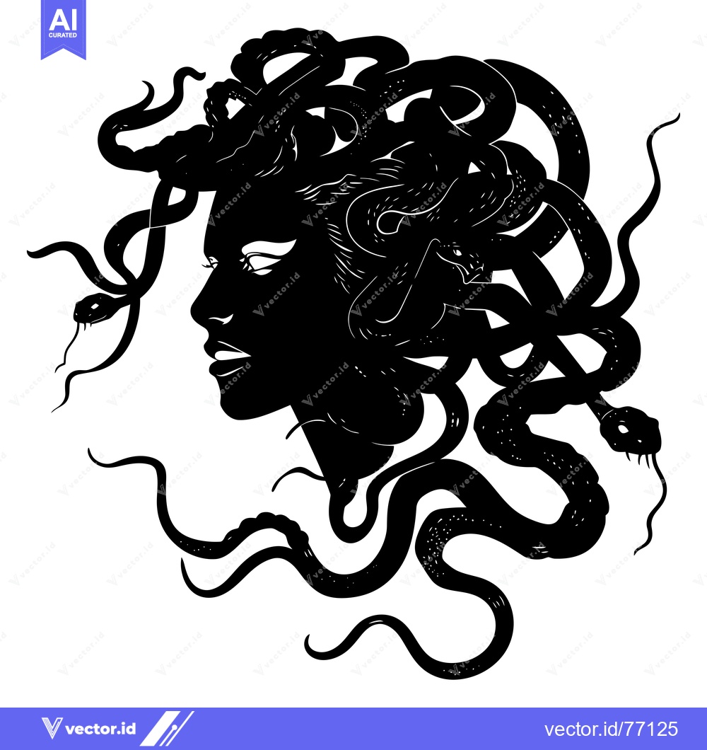 Premium Vector dari A Black and White Silhouette of Medusa with Snakes for Hair