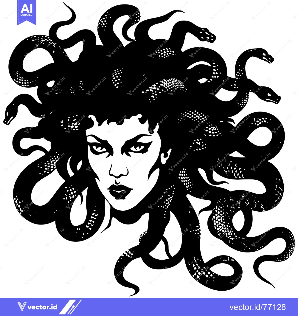 Premium Vector of A Black and White Illustration of Medusa with Snakes for Hair