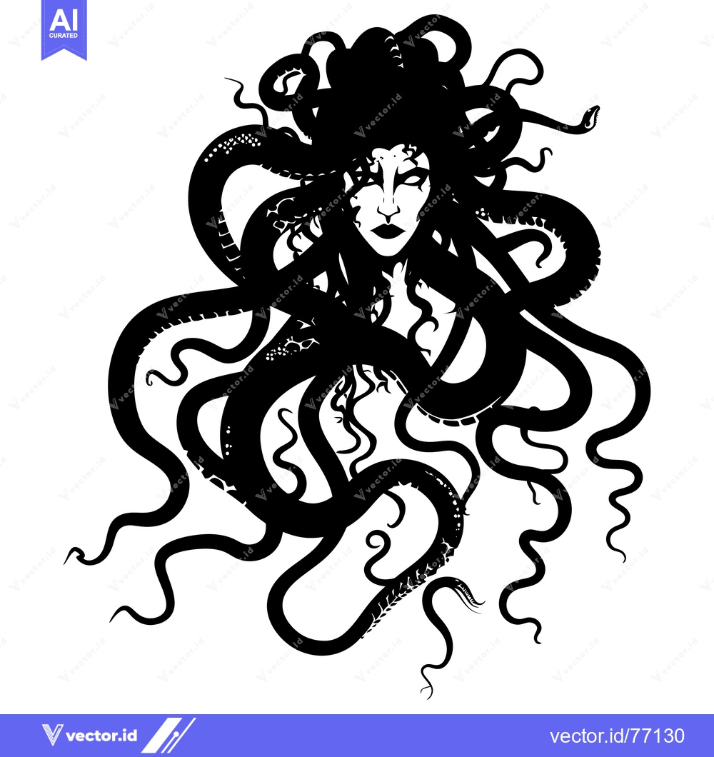 Premium Vector dari A Black and White Illustration of Medusa, a Gorgon with Snakes for Hai