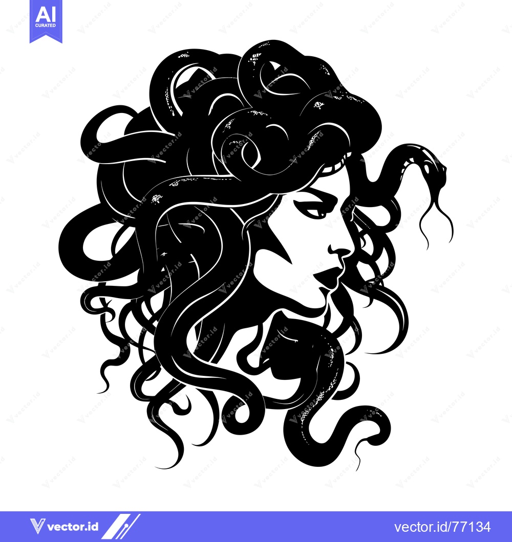 Premium Vector of Black and White Illustration of Medusa with Snakes for Hair