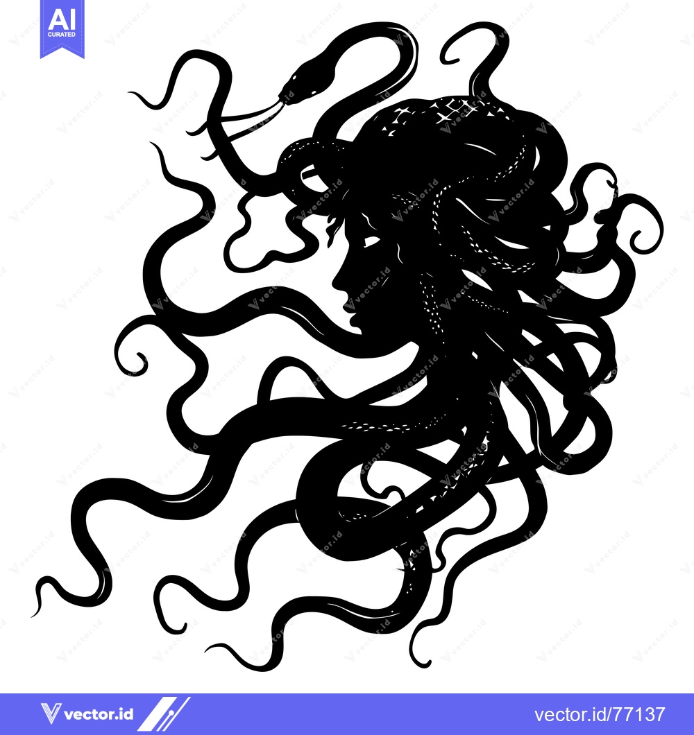 Premium Vector dari A Black and White Silhouette of Medusa with Snakes for Hair