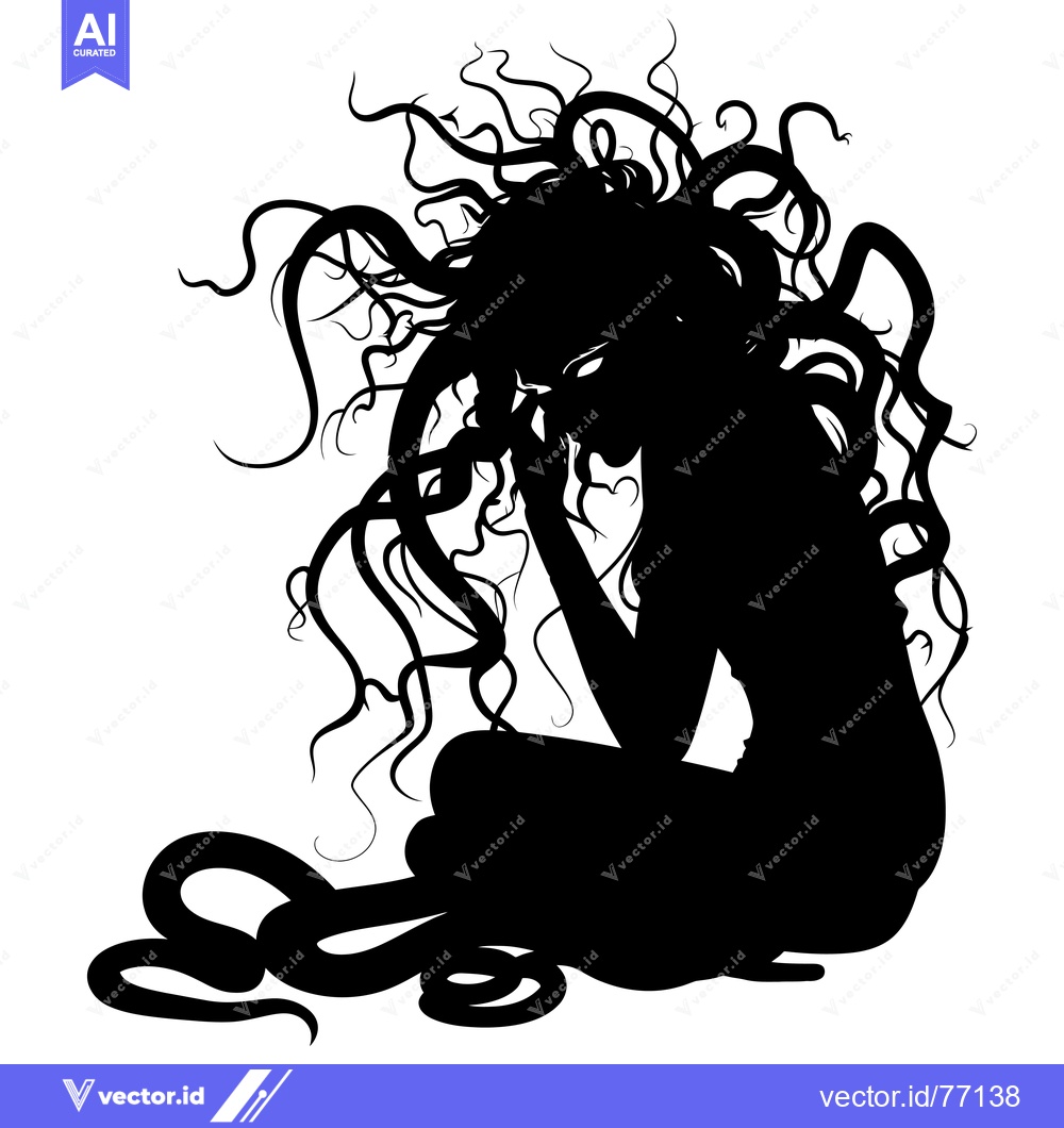 Premium Vector of Silhouette of a woman with long, flowing hair, sitting in a curled pos