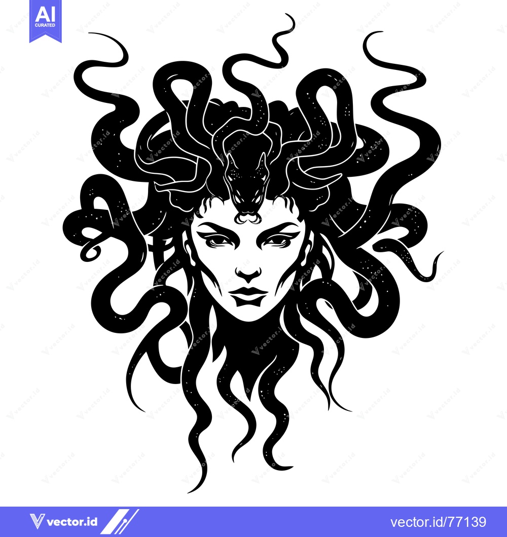Premium Vector of Black and White Illustration of Medusa's Face with Snakes for Hair