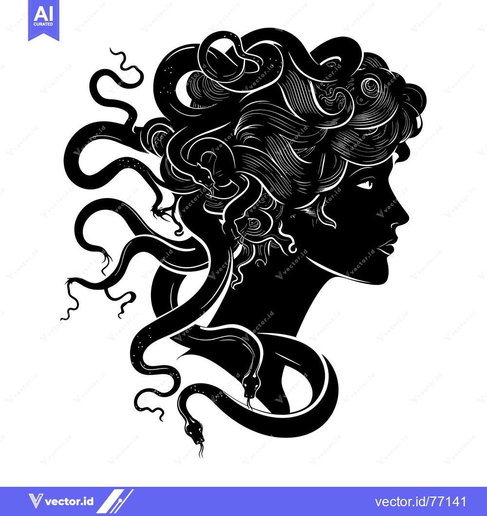 Premium Vector dari A black and white silhouette of Medusa, the Gorgon with snakes for hai