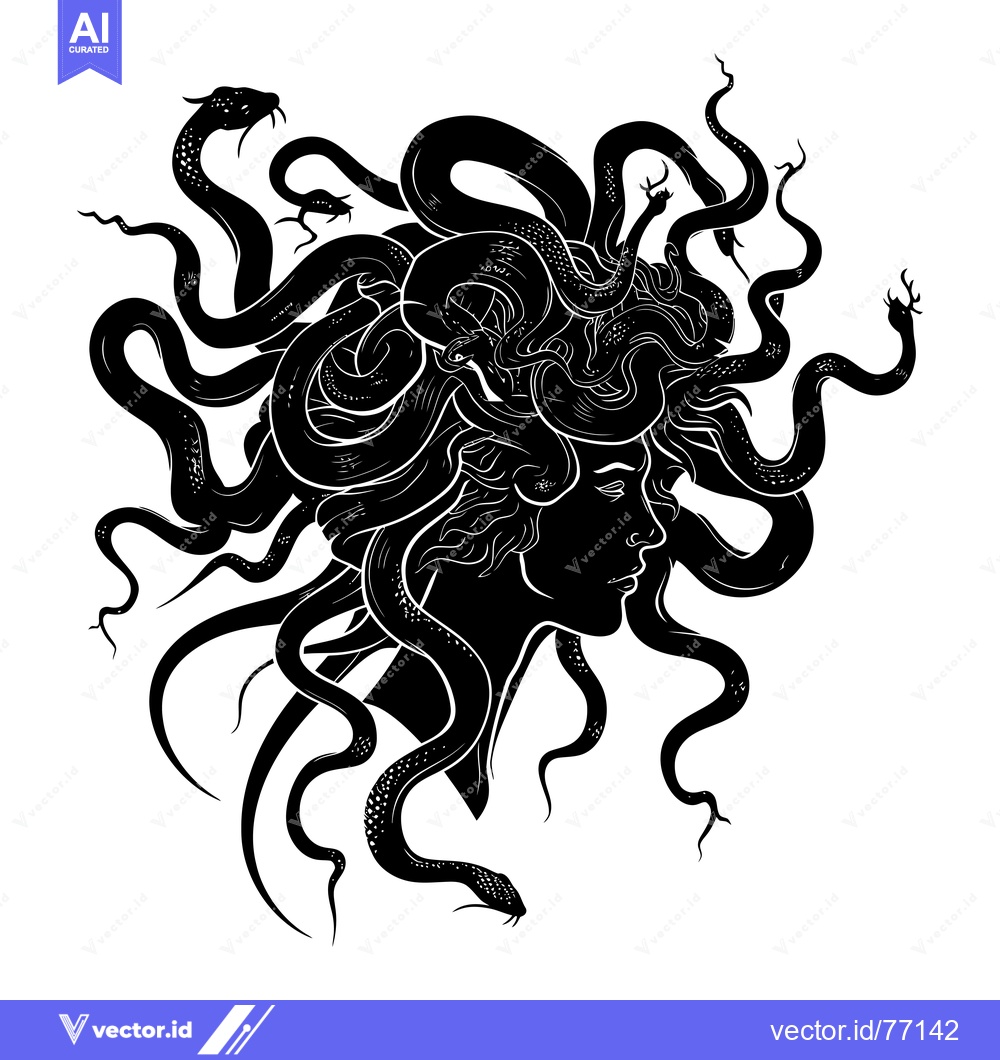 Premium Vector of A Black and White Silhouette of Medusa with Snakes as Hair