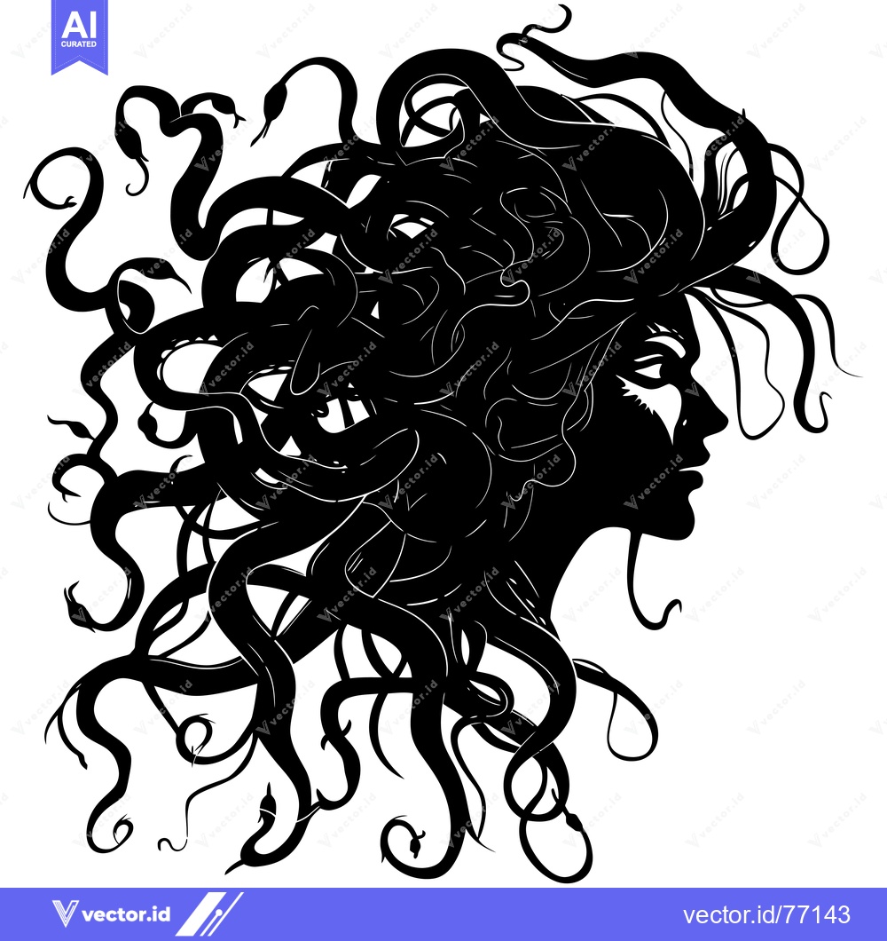 Premium Vector of Black and White Silhouette of Medusa's Head with Snakes