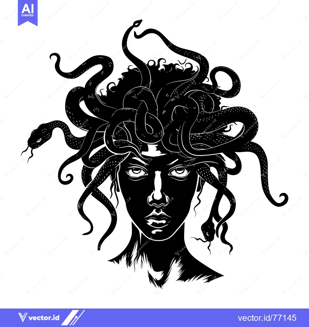 Premium Vector of A black and white illustration of Medusa, the Gorgon with snakes for h