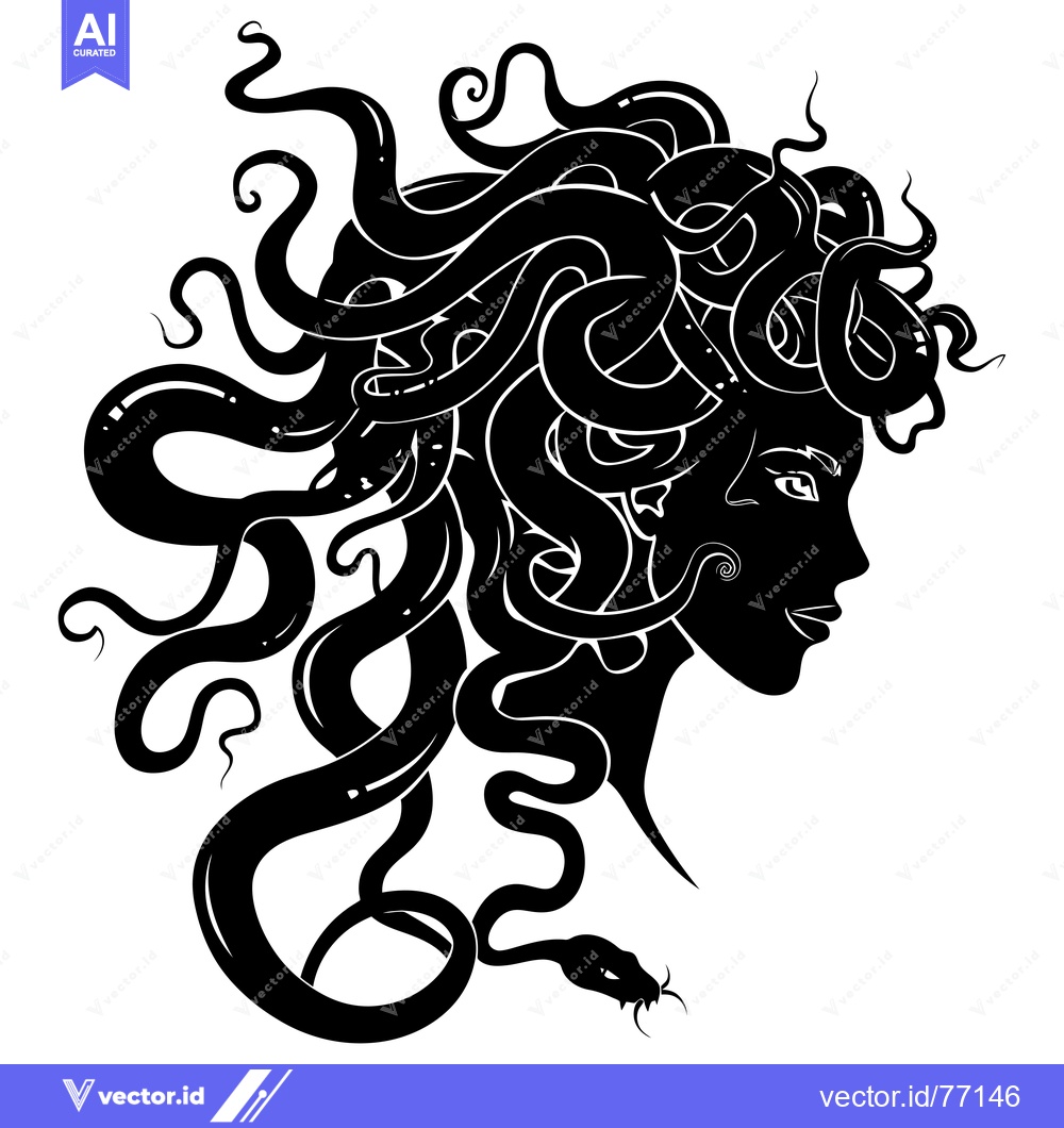 Premium Vector dari A Black and White Silhouette of Medusa with Snakes for Hair