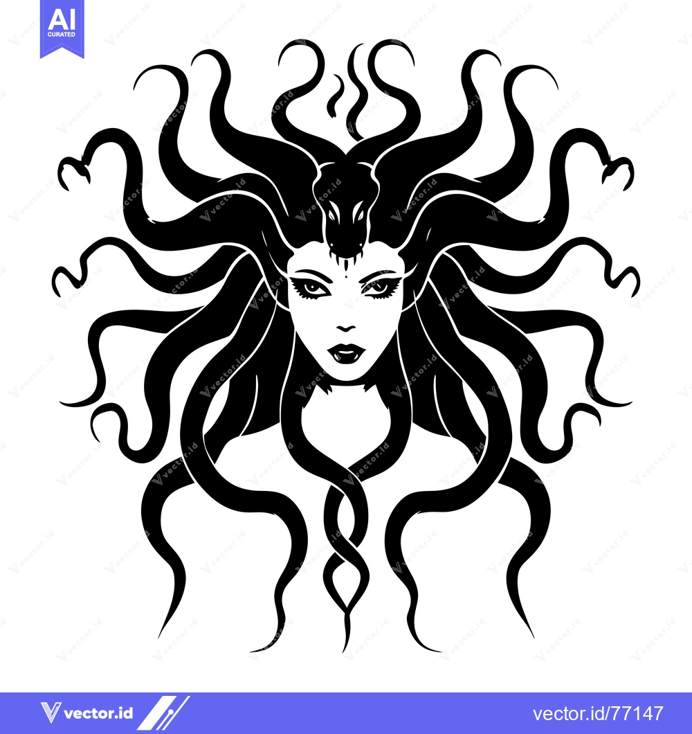 Premium Vector of A Black and White Portrait of Medusa with Serpentine Hair