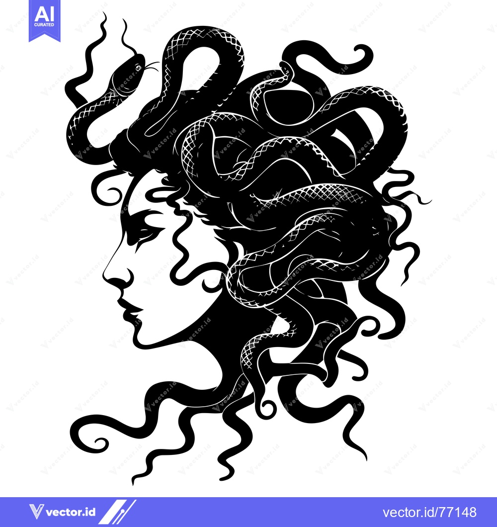 Premium Vector dari Black and White Silhouette of Medusa with Snakes for Hair