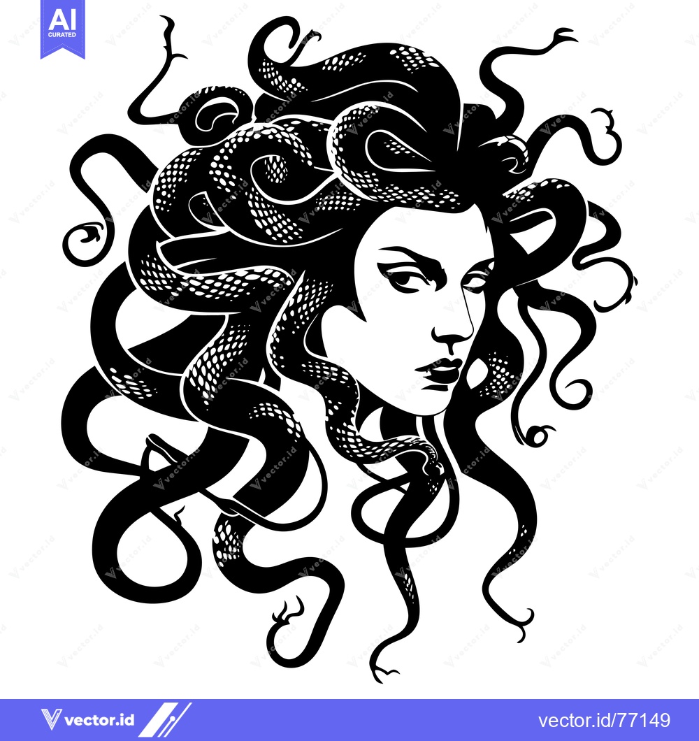 Premium Vector of Black and White Illustration of Medusa with Snakes for Hair