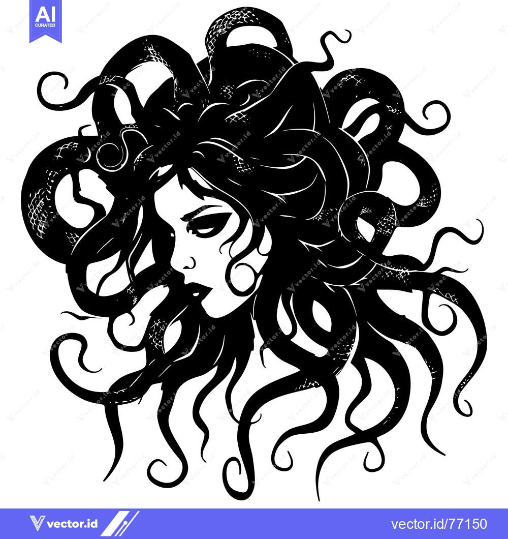 Premium Vector dari Black and White Illustration of Medusa, Greek Mythological Gorgon with